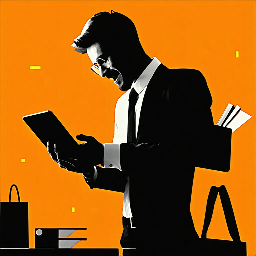 Create me a 2d image of a personal shopper purchasing technology solutions The image should be in black against an orange background Create me a 2d image of a personal shopper purchasing technology solutions The image should be in black against an orange background