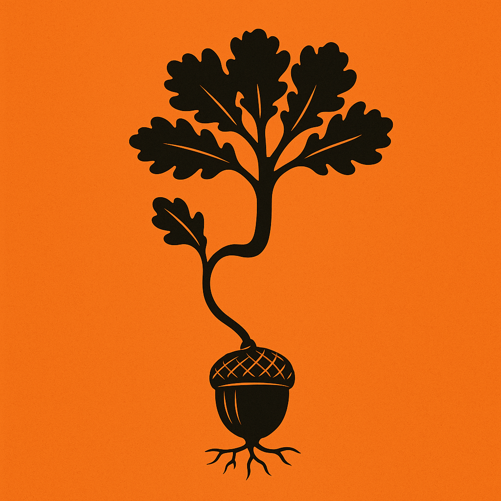 a 2d image in black with an orange background signifying an acorn growing into an oak a 2d image in black with an orange background signifying an acorn growing into an oak