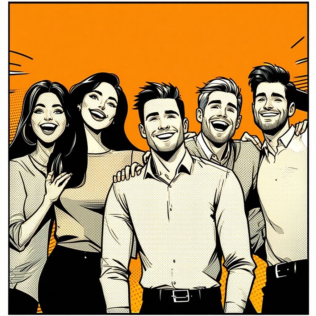 an animated 2d image of a group of people happy at work the image should be in black and on an orange background