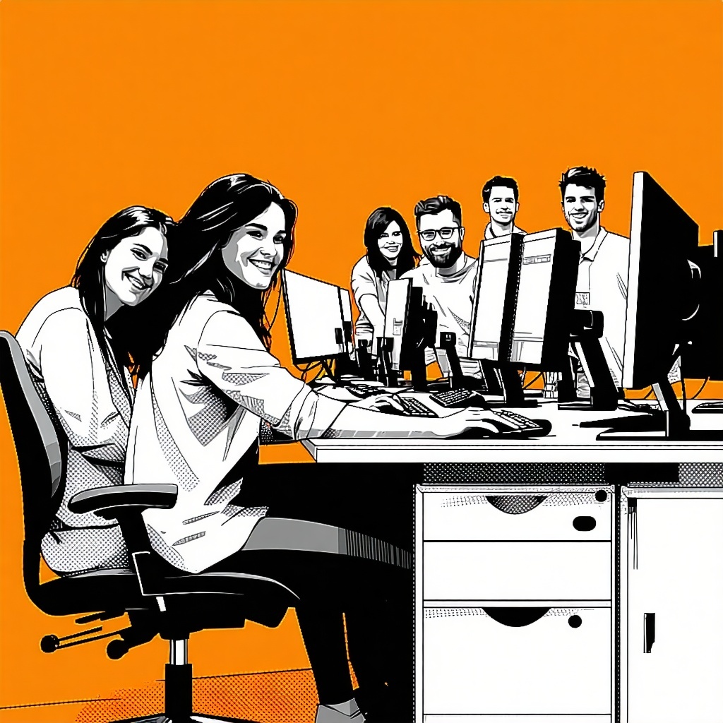 generate a 2d image depicting a small team of people happy at their work stations The image should be in black against an orange background-1 generate a 2d image depicting a small team of people happy at their work stations The image should be in black against an orange background-1