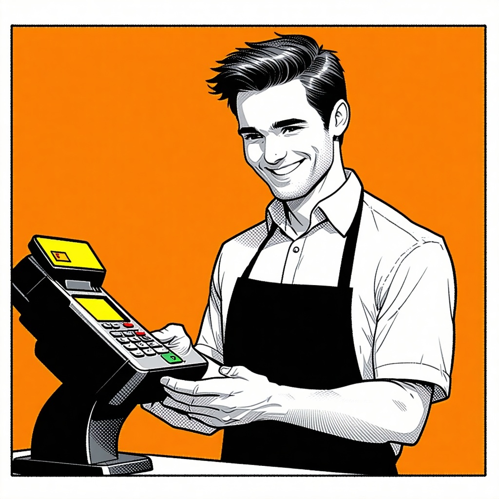 generate a 2d image of a merchant happily using a card machine The image should be in black against an orange background generate a 2d image of a merchant happily using a card machine The image should be in black against an orange background