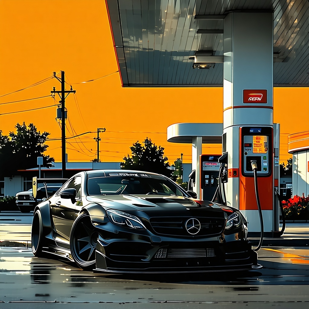 generate a 2d image of a sports car being refuelled at a gas station The image should be in black against an orange background-1 generate a 2d image of a sports car being refuelled at a gas station The image should be in black against an orange background-1