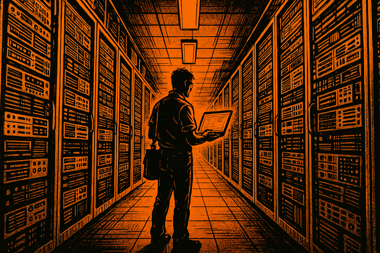 a comic book style image in oranges and blacks depicting a lone IT technician in a huge server room-1 a comic book style image in oranges and blacks depicting a lone IT technician in a huge server room-1