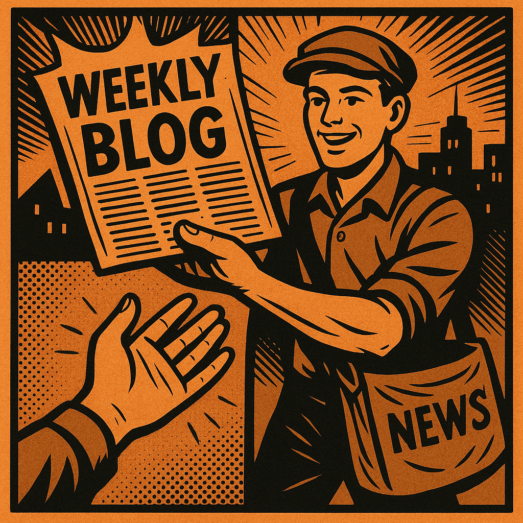 a comic book style tile in oranges and blacks depicting a weekly blog being delivered a comic book style tile in oranges and blacks depicting a weekly blog being delivered