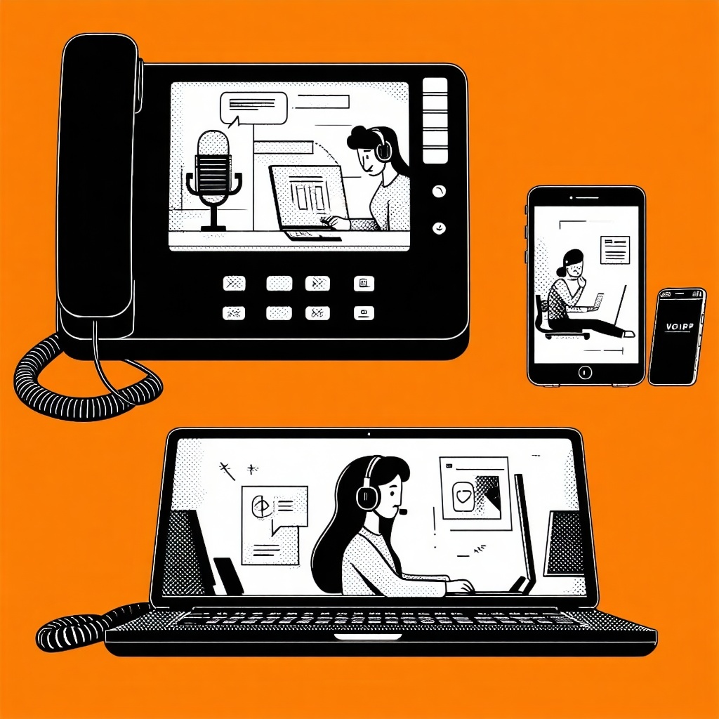 create a 2d image of VoIP working on an office phone a mobile phone a laptop and a tablet in different locations The image should be black against an orange background create a 2d image of VoIP working on an office phone a mobile phone a laptop and a tablet in different locations The image should be black against an orange background